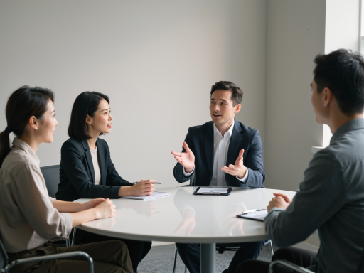 专业情感咨询团队在现代化办公室中开会讨论，团队成员围坐会议桌前认真工作，体现专业协作精神